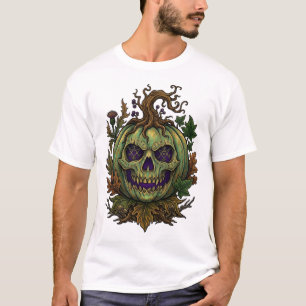 Halloween Green Pumpkin Skull Runes Vines Autumn L T-Shirt
