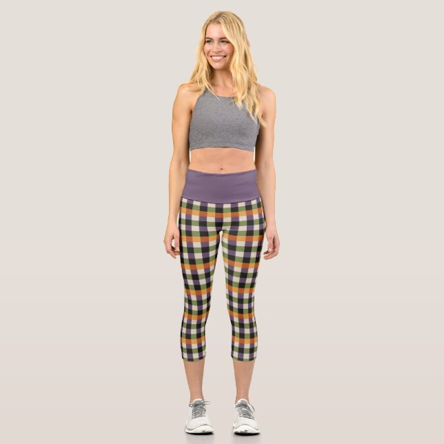 Halloween green, purple & black gingham pattern capri leggings (Front)
