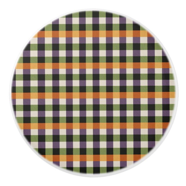Halloween green, purple & black gingham pattern ceramic knob (Front)