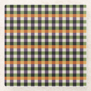 Halloween green, purple & black gingham pattern glass coaster