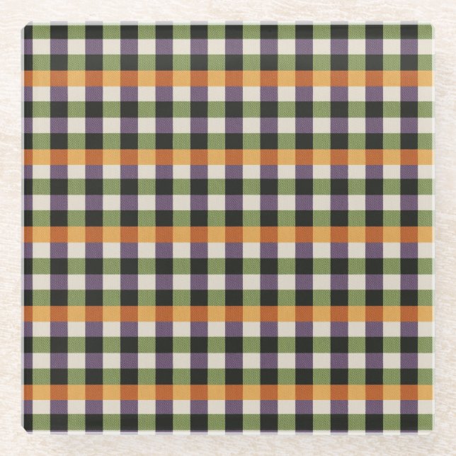 Halloween green, purple & black gingham pattern glass coaster (Front)