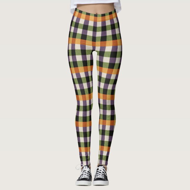 Halloween green, purple & black gingham pattern leggings (Front)