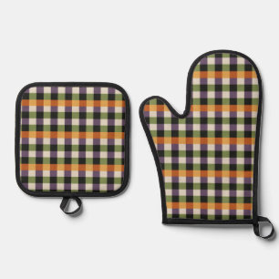 Halloween green, purple & black gingham pattern oven mitt & pot holder set