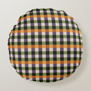 Halloween green, purple & black gingham pattern round cushion