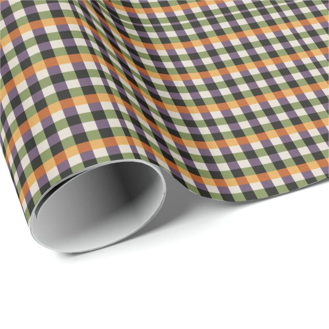 Halloween green, purple & black gingham pattern wrapping paper (Roll Corner)