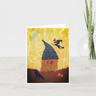 Halloween Greeting Card with Tiny House, Witch
