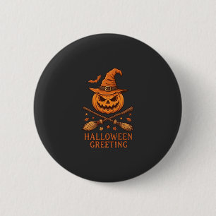 Halloween Greeting Pumpkin Witch Hat Crossed Broom 6 Cm Round Badge