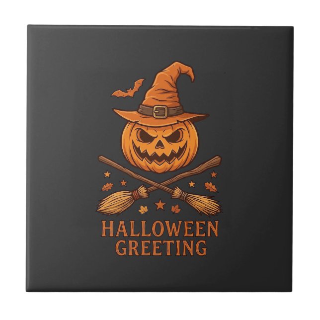 Halloween Greeting Pumpkin Witch Hat Crossed Broom Ceramic Tile (Front)