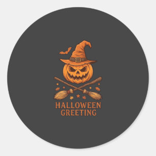 Halloween Greeting Pumpkin Witch Hat Crossed Broom Classic Round Sticker