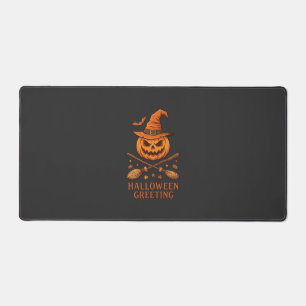 Halloween Greeting Pumpkin Witch Hat Crossed Broom Desk Mat