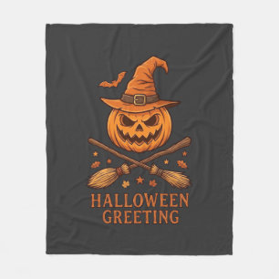 Halloween Greeting Pumpkin Witch Hat Crossed Broom Fleece Blanket