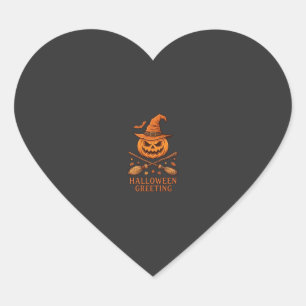 Halloween Greeting Pumpkin Witch Hat Crossed Broom Heart Sticker