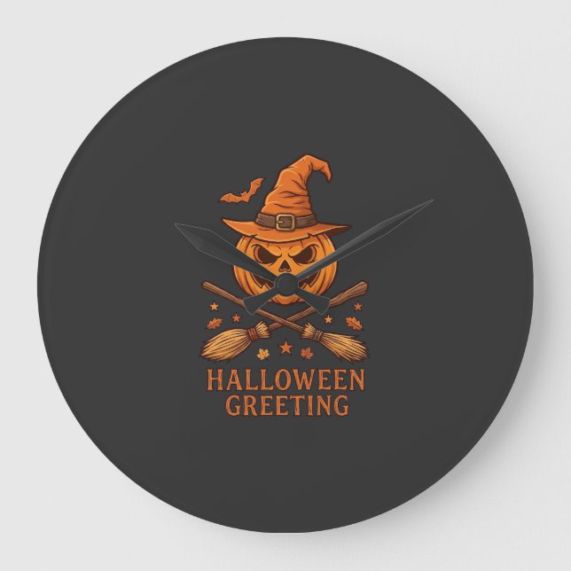 Halloween Greeting Pumpkin Witch Hat Crossed Broom Large Clock (Front)