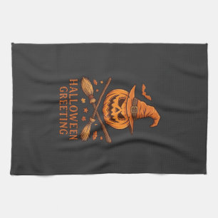 Halloween Greeting Pumpkin Witch Hat Crossed Broom Tea Towel