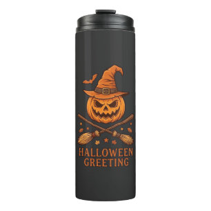 Halloween Greeting Pumpkin Witch Hat Crossed Broom Thermal Tumbler