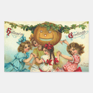 Halloween Greetings Pumpkin & Girls Vintage Rectangular Sticker