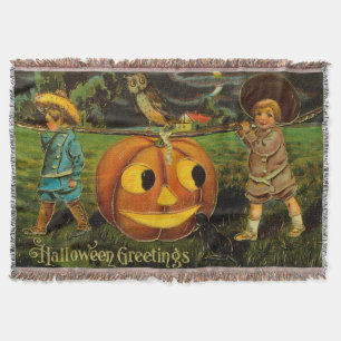 Halloween Greetings - Vintage Spooly Postcard  Throw Blanket