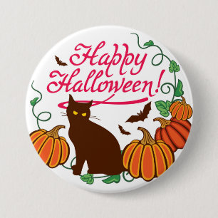 Halloween greetings with black cat 7.5 cm round badge