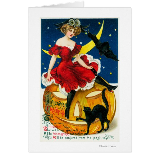 Halloween Greetings Woman on Jack-o-Lantern (Front)