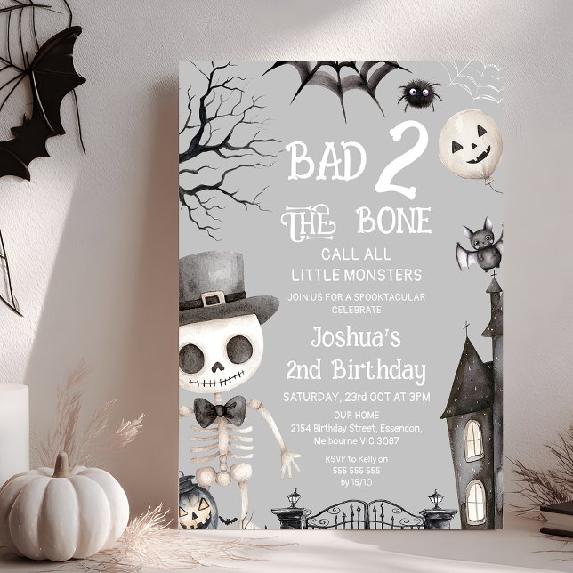 Halloween Grey Bad Two The Bones 2nd Birthday Invitation (Halloween Bad Two The Bone 2nd Birthday Invitation, Bad Two the Bone Birthday Invitation Template)