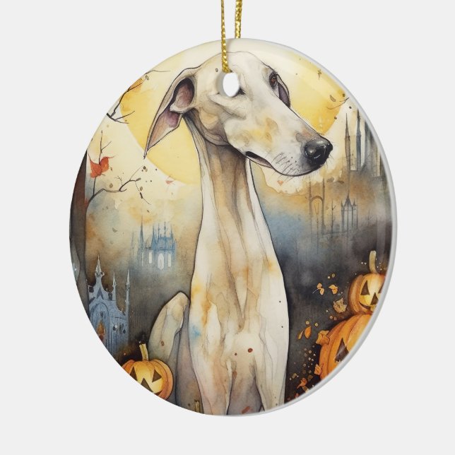Halloween Greyhound With Pumpkins Scary Ceramic Ornament (Left)