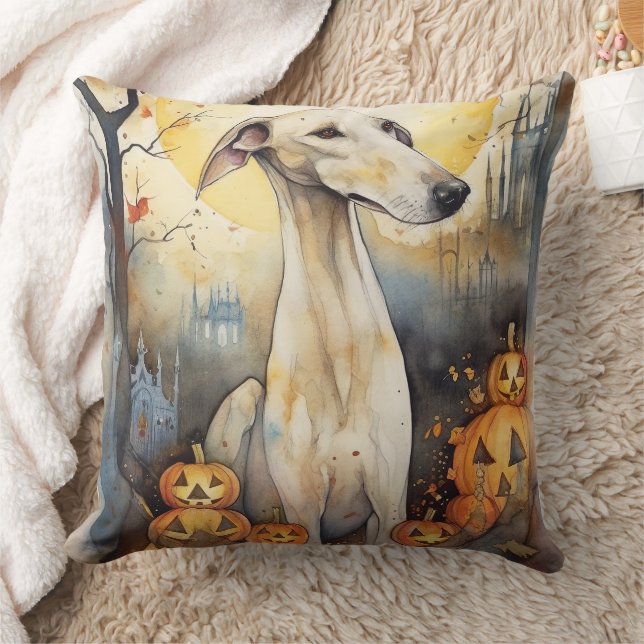 Halloween Greyhound With Pumpkins Scary Cushion (Blanket)