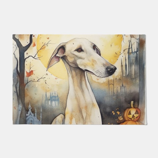 Halloween Greyhound With Pumpkins Scary Doormat (Front)