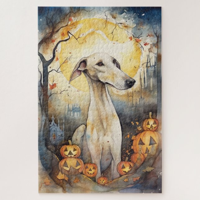 Halloween Greyhound With Pumpkins Scary Jigsaw Puzzle (Vertical)