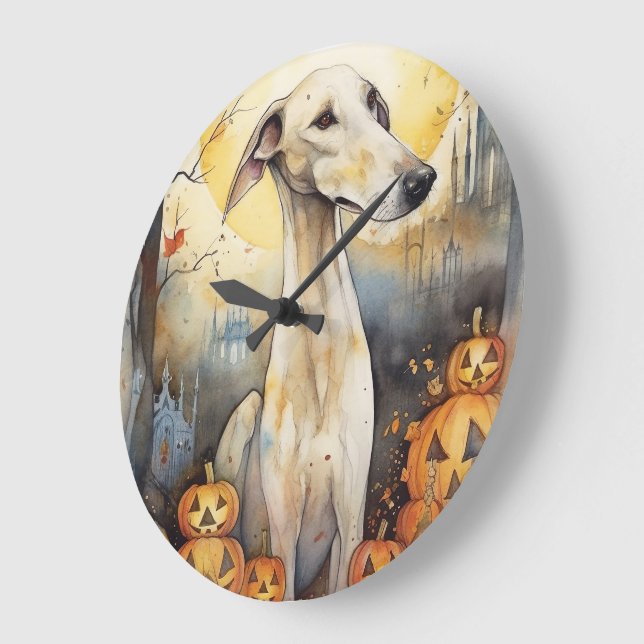 Halloween Greyhound With Pumpkins Scary Large Clock (Angle)