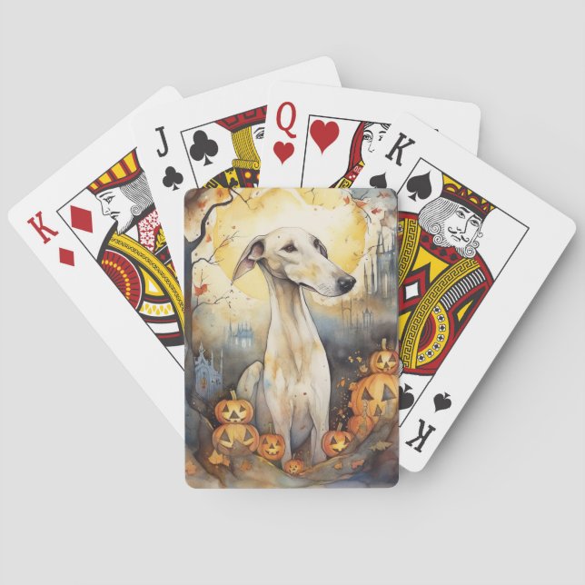 Halloween Greyhound With Pumpkins Scary Playing Cards (Back)