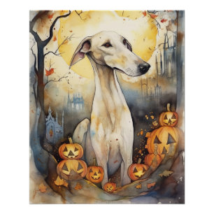 Halloween Greyhound With Pumpkins Scary Poster