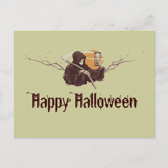 Halloween grim reaper death skeleton full moon postcard (Front)
