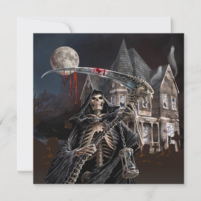 Halloween Grim Reaper Haunted House Holiday Card (Front)