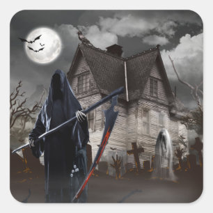 Halloween Grim Reaper Haunted House Square Sticker