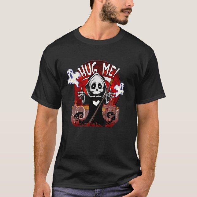 Halloween Grim Reaper In The Cemetery Hug Me Funny T-Shirt (Front)
