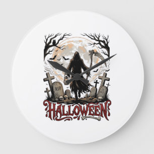 Halloween Grim Reaper Lantern Full Moon Tombstones Large Clock
