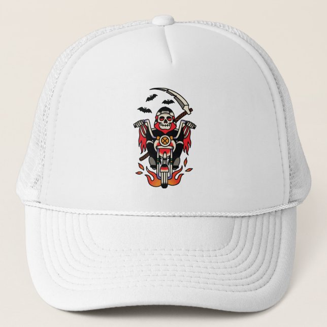 Halloween grim reaper on the motorbike trucker hat (Front)
