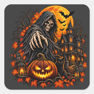 Halloween Grim Reaper Pumpkin Square Sticker