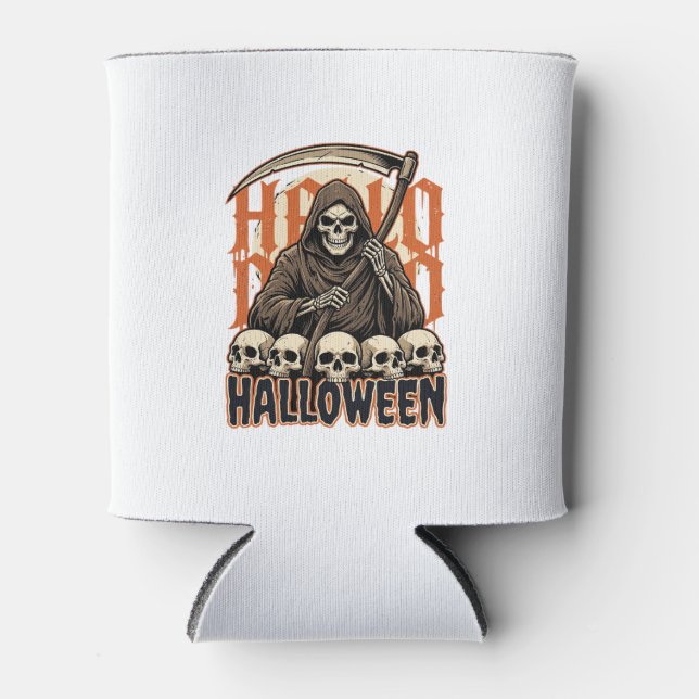 Halloween Grim Reaper Skull Pile Vector Can Cooler (Front)