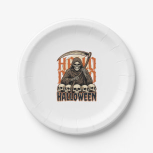 Halloween Grim Reaper Skull Pile Vector Paper Plate