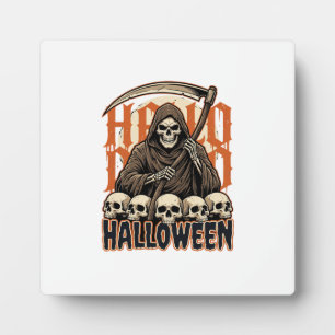 Halloween Grim Reaper Skull Pile Vector Plaque