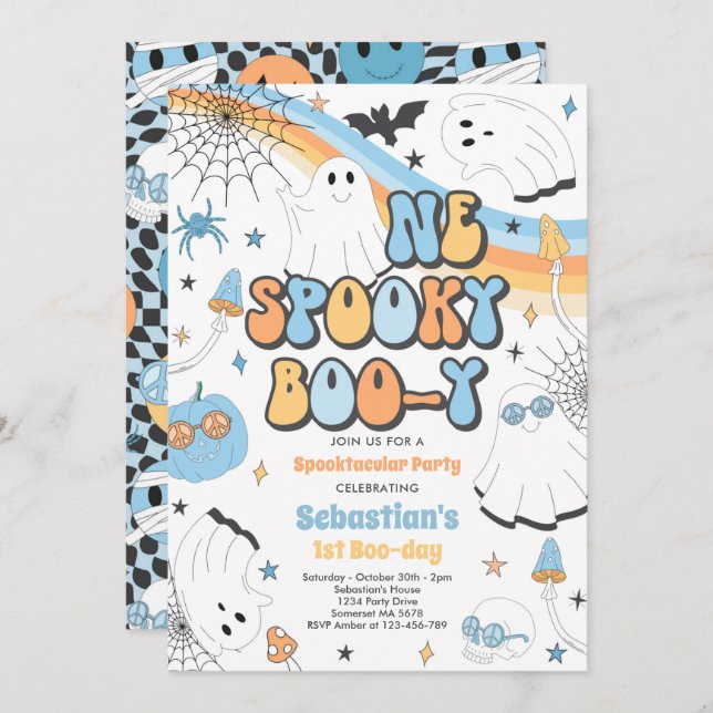 Halloween Groovy Cute Ghost 1st Birthday Party Invitation (Front/Back)