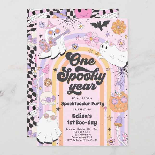 Halloween Groovy Cute Ghost 1st Birthday Party Invitation (Front/Back)