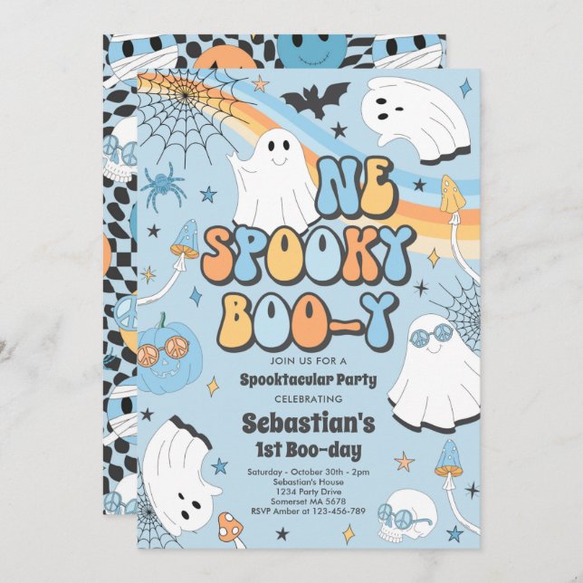 Halloween Groovy Cute Ghost 1st Birthday Party Invitation (Front/Back)