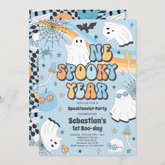 Halloween Groovy Cute Ghost 1st Birthday Party Invitation (Front/Back)