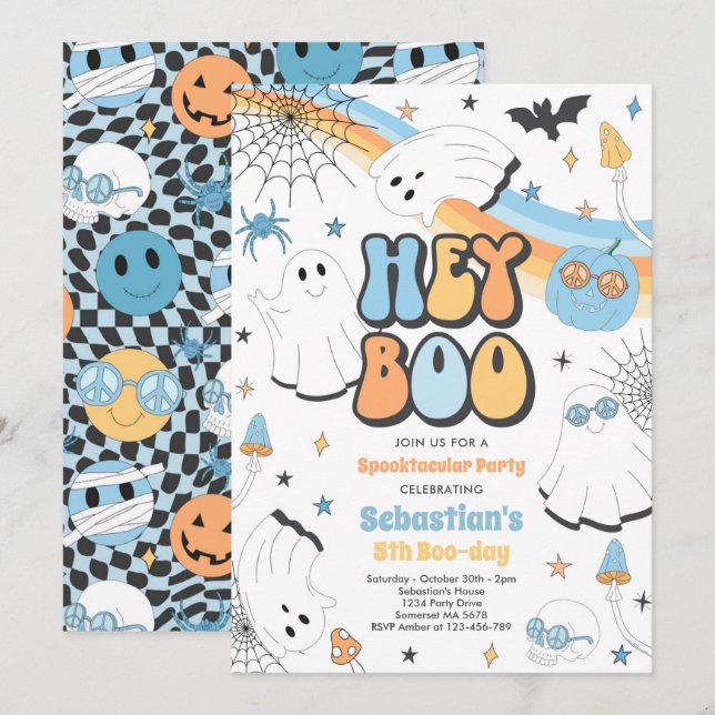 Halloween Groovy Cute Ghost Hey Boo Birthday Party Invitation (Front/Back)