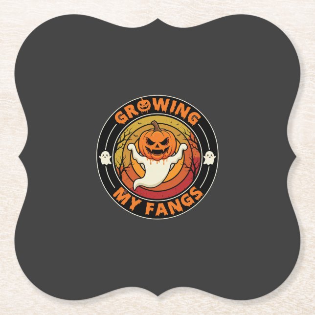 Halloween Growing My Fangs Ghost Pumpkin Paper Coaster (Front)