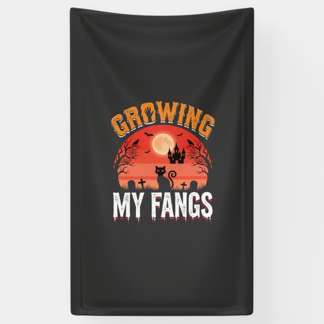 Halloween Growing My Fangs Haunted Cat Banner (Vertical)