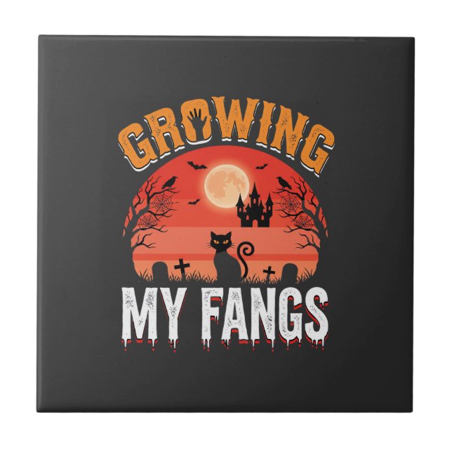 Halloween Growing My Fangs Haunted Cat Ceramic Tile (Front)