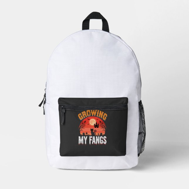Halloween Growing My Fangs Haunted Cat Printed Backpack (Front)